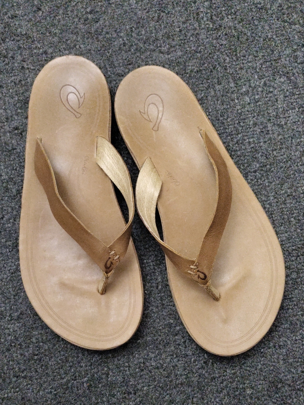 OluKai Tan Leather Flip Flop Sandals